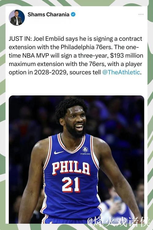 3年1.93亿！恩比德与76人提前续约 总价超3亿